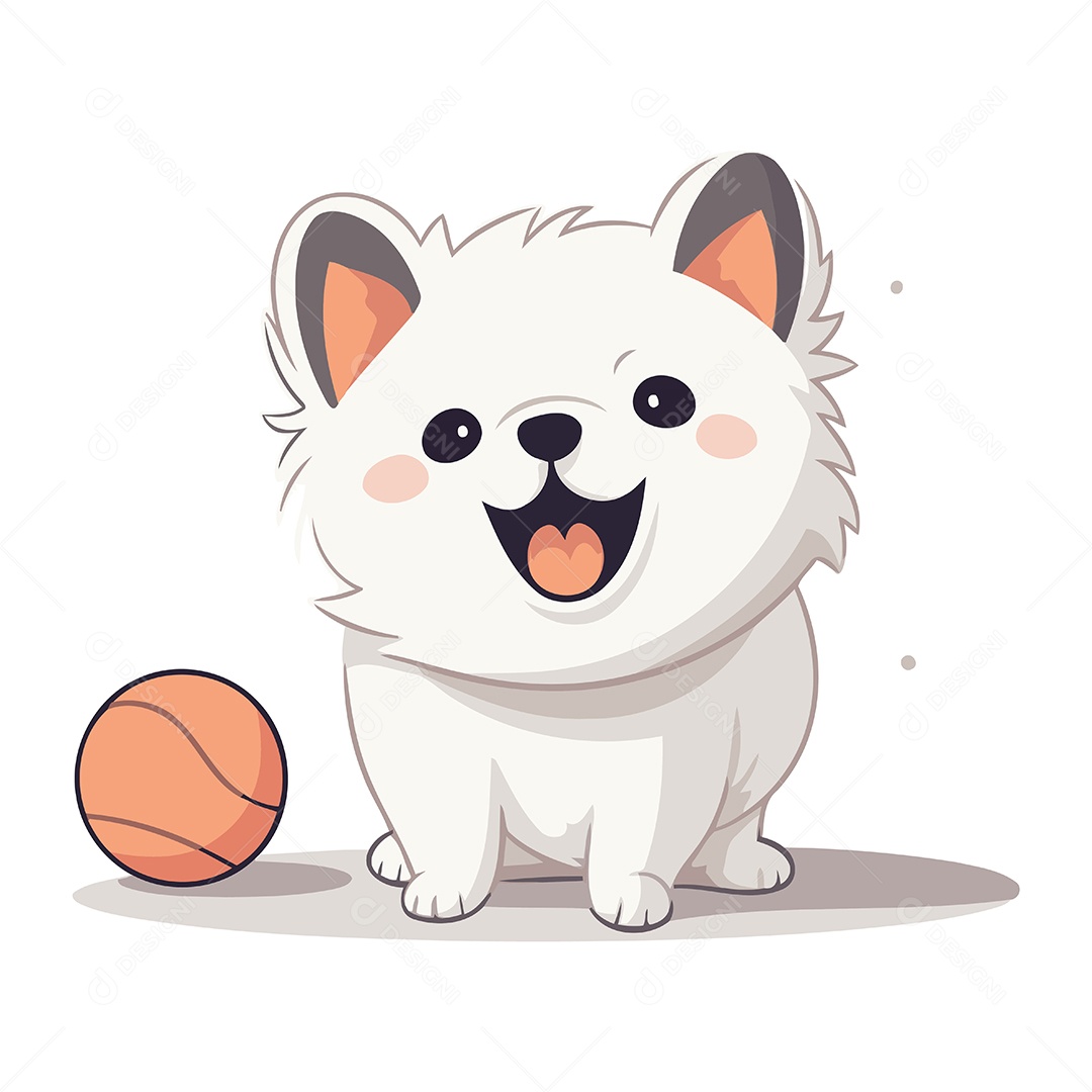 Cachorro Branco Fofo com Bola Ilustração Vetor EPS