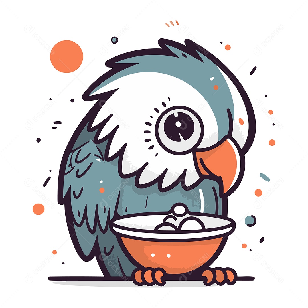 Papagaio Fofo com uma Tigela de Comida Ilustração Vetor EPS
