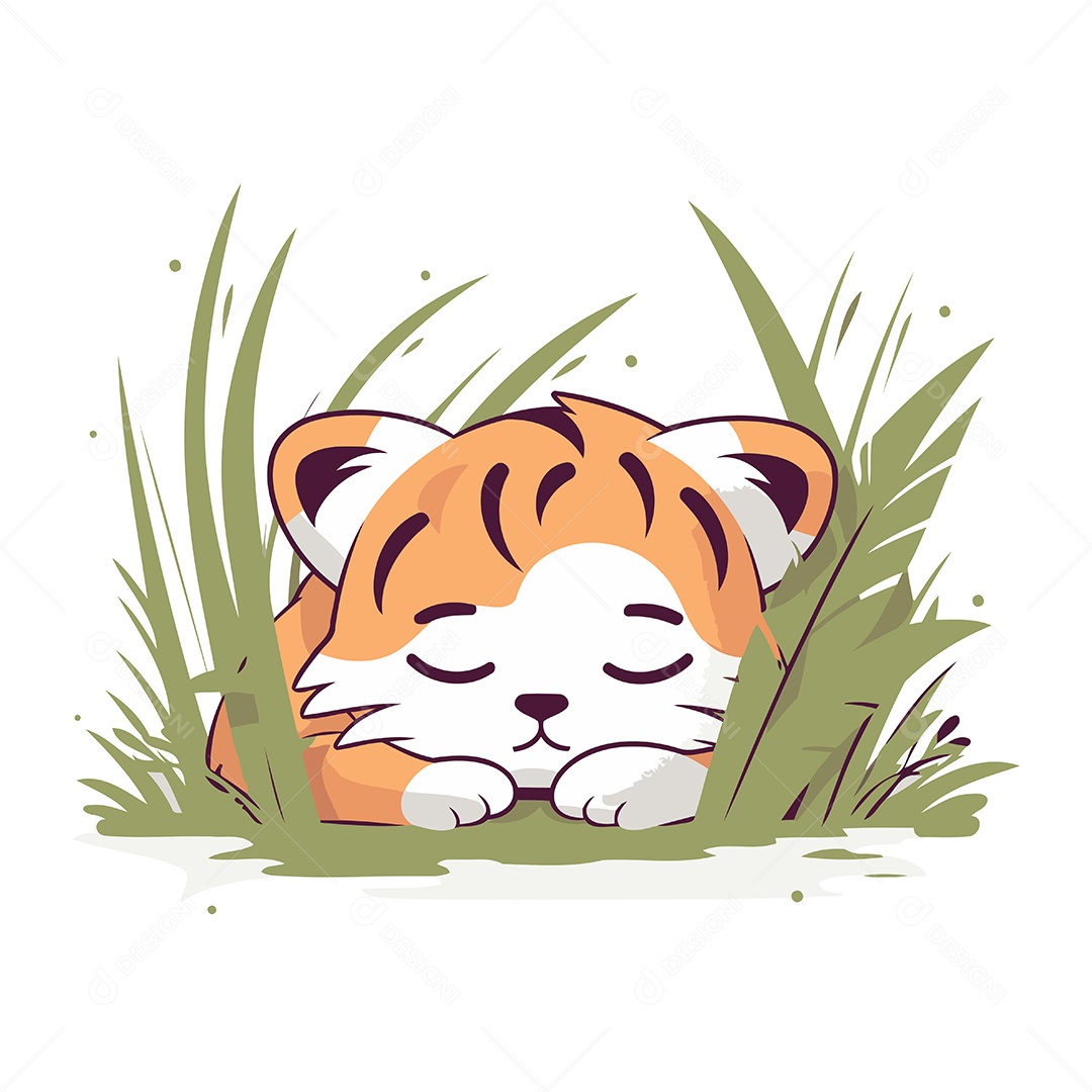 Tigre Fofo Dormindo na Grama Ilustração Vetor EPS
