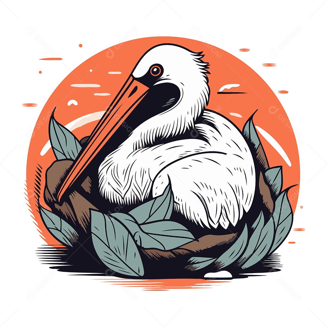 Pelicano em um Ninho com Folhas Ilustração Vetor EPS
