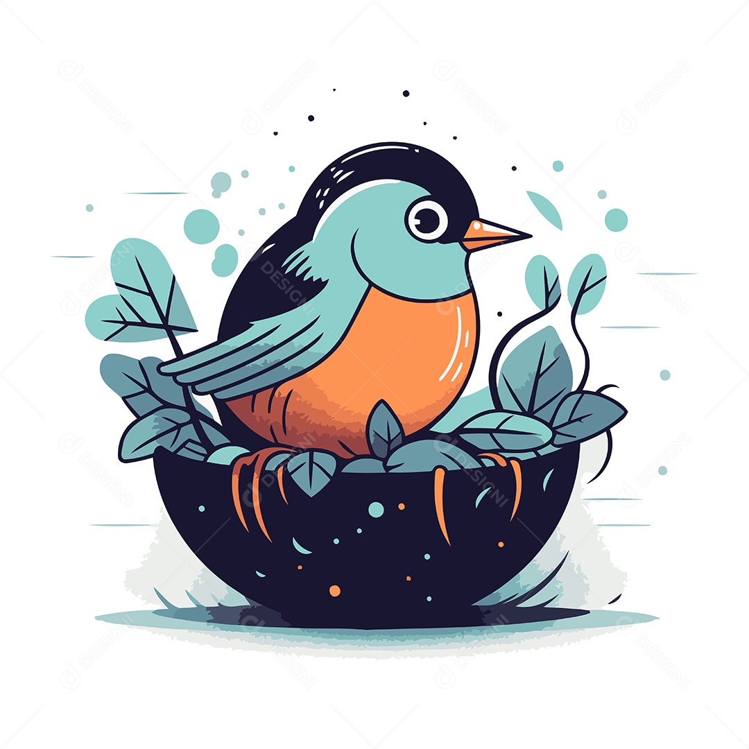 Pássaro Sentado em uma Tigela com Folhas Ilustração Vetor EPS