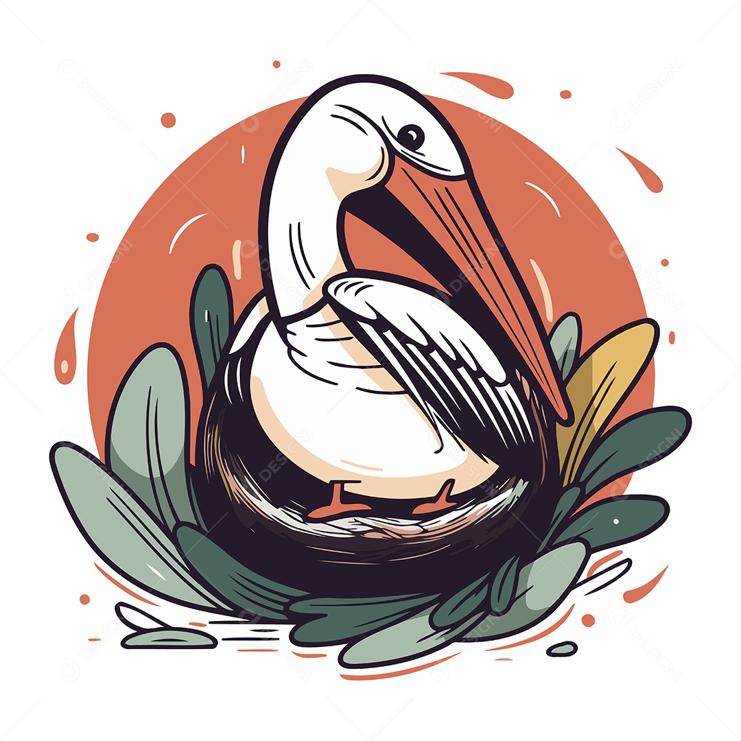 Pelicano Sentado em um Ninho com Folhas Ilustração Vetor EPS