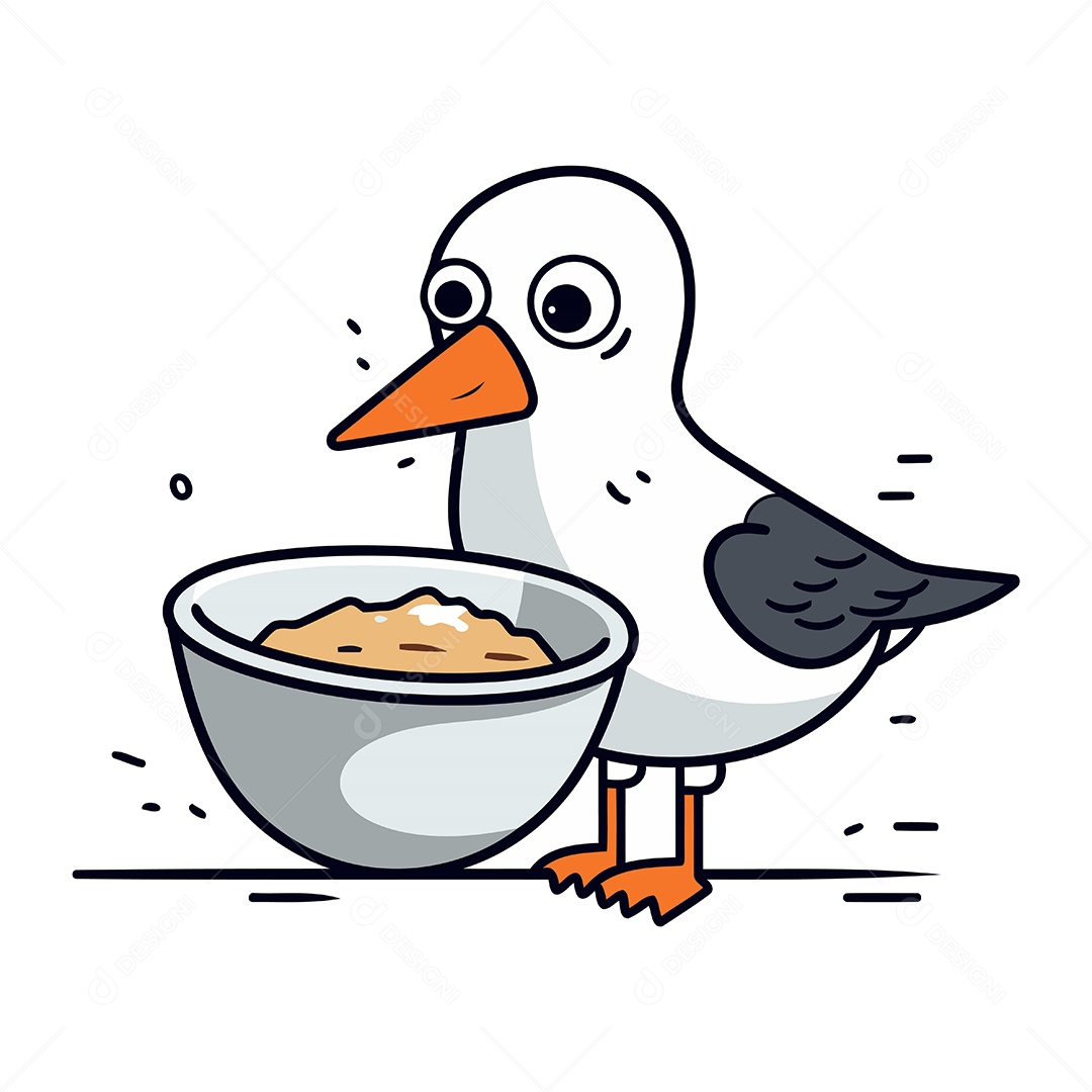 Gaivota de Desenho Animado com uma Tigela Ilustração Vetor EPS