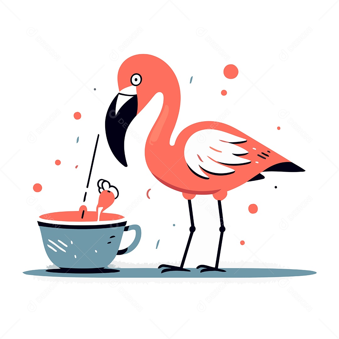 Flamingo e Xícara de Café Desenho Animado Ilustração Vetor EPS