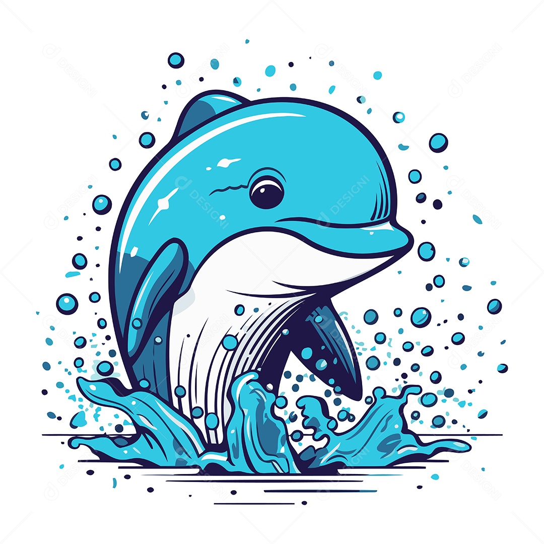 Baleia Fofa de Desenho Animado Nadando na Água Ilustração Vetor EPS
