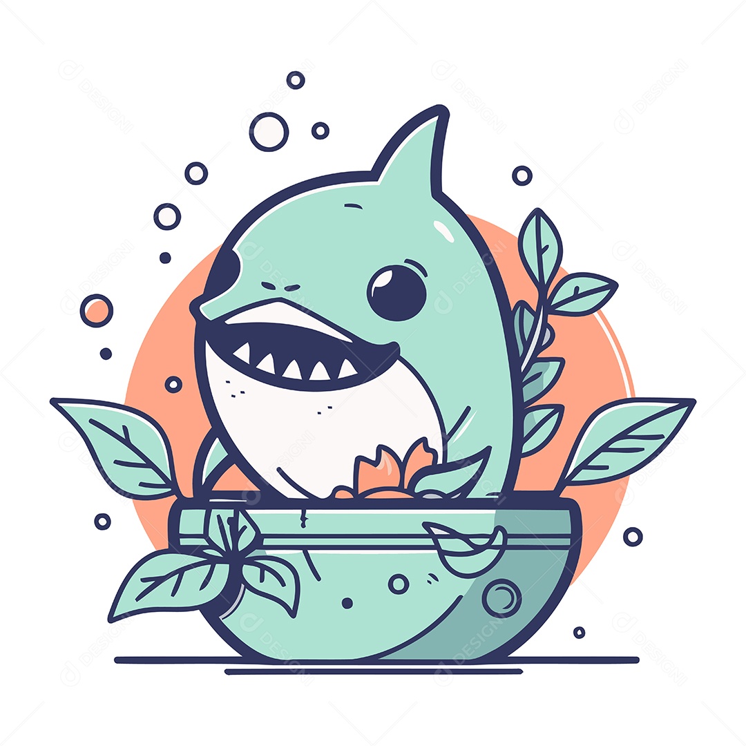 Tubarão de Desenho Animado em um Vaso com Flores Ilustração Vetor EPS