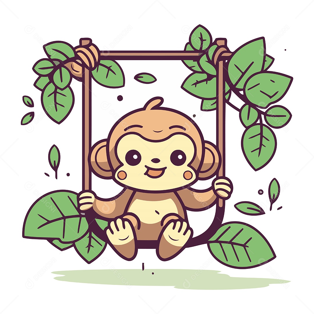 Macaco Sentado em um Balanço com Folhas Ilustração Vetor EPS