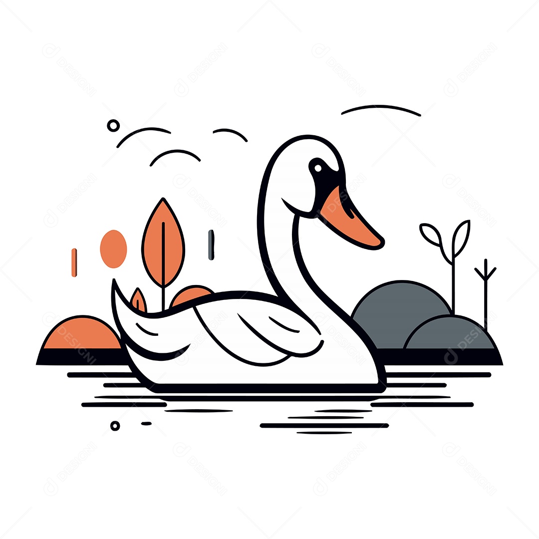Cisne no Lago de Desenho Animado Ilustração Vetor EPS