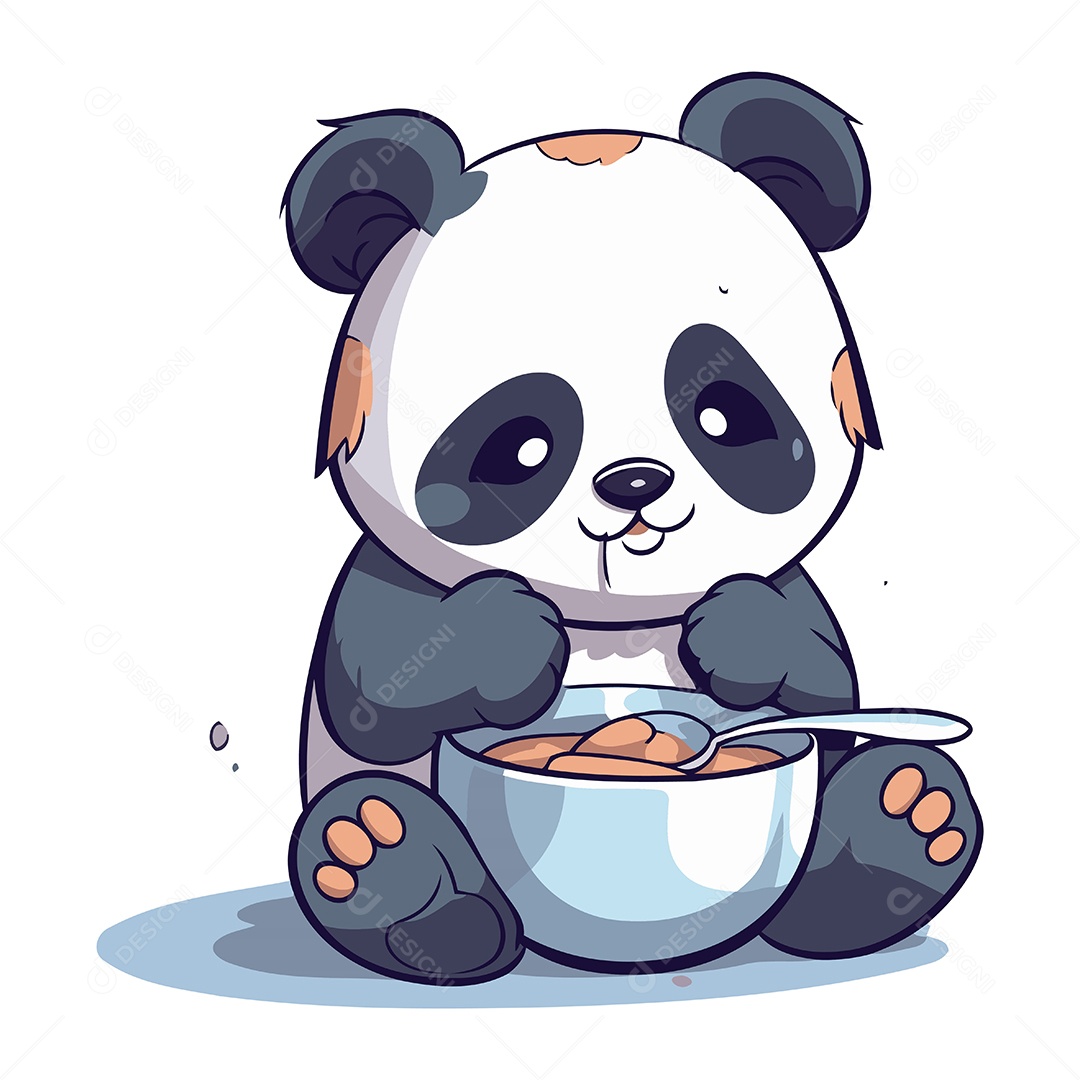 Panda Fofo Comendo uma Tigela de Comida Ilustração Vetor EPS
