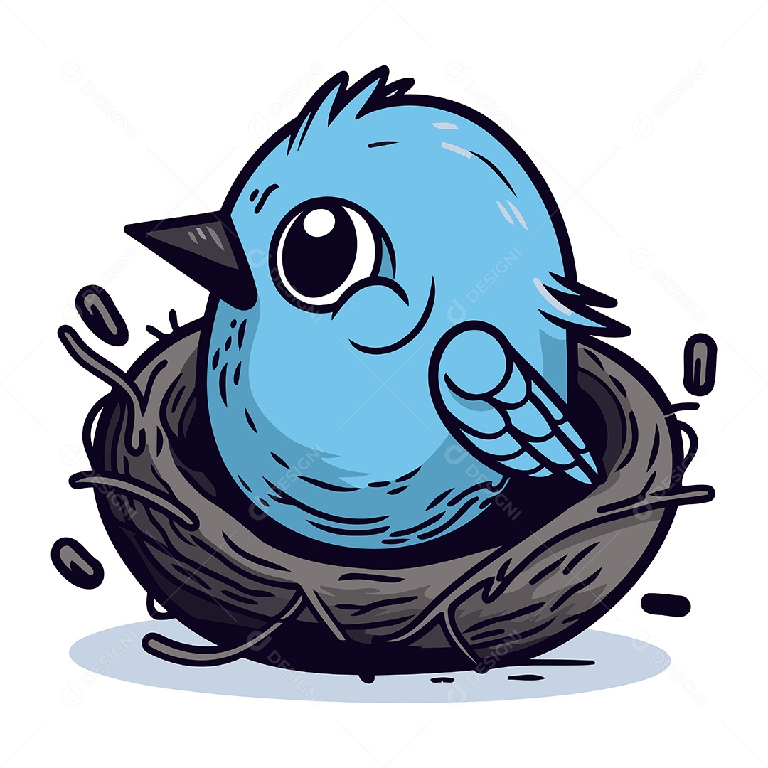 Pássaro Azul Fofo de Desenho Animado no Ninho Ilustração Vetor EPS