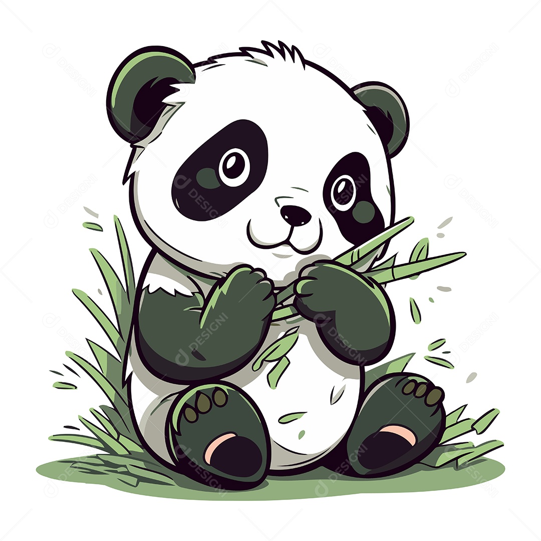 Panda Fofo Sentado na Grama e Segurando Bambu Ilustração Vetor EPS