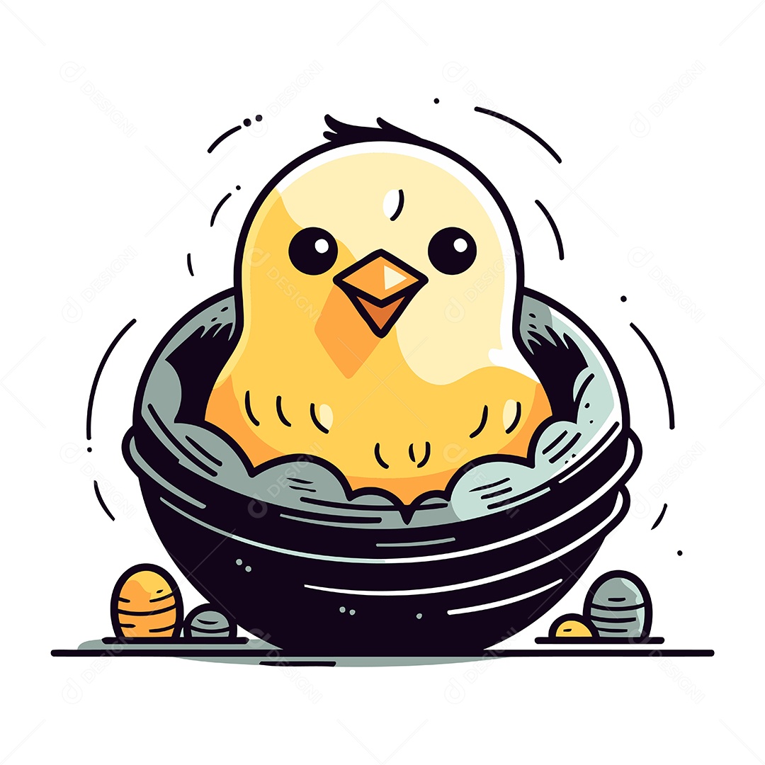 Pintinho Fofo de Desenho Animado em uma Tigela Ilustração Vetor EPS