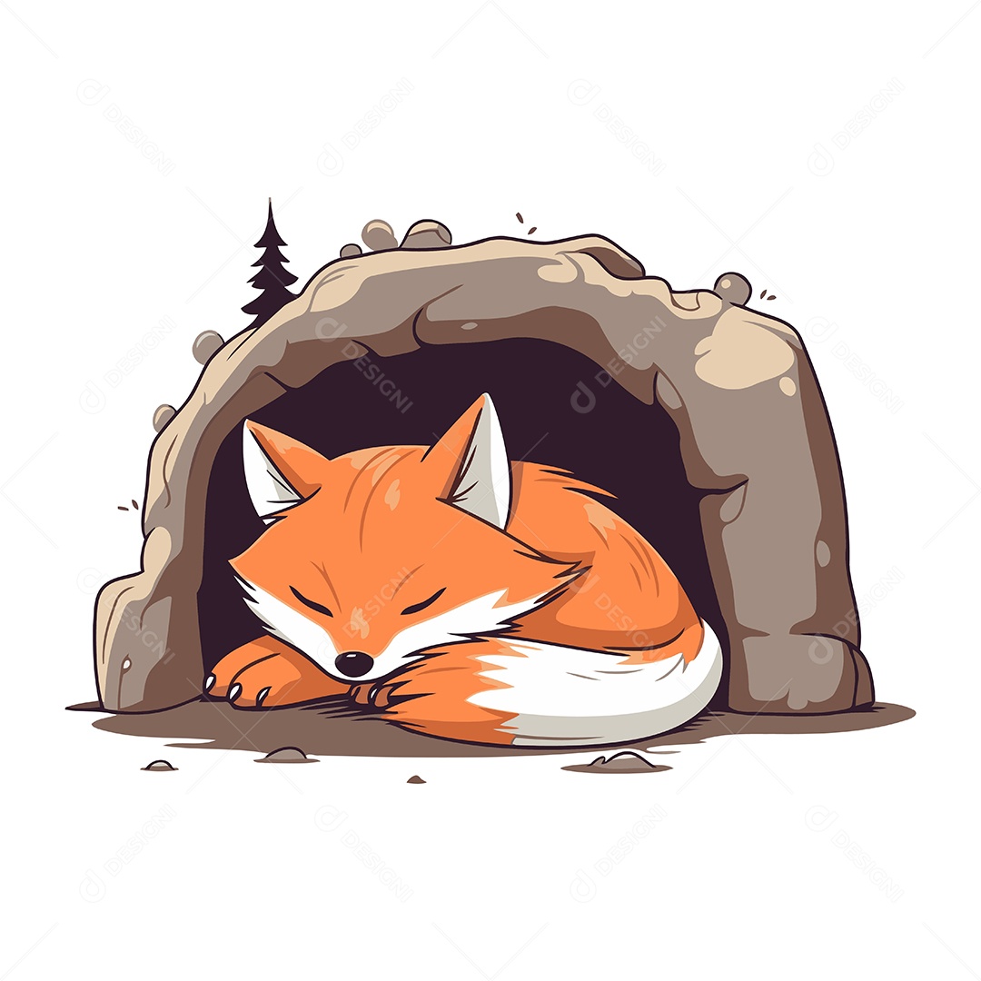 Raposa Fofa Dormindo na Caverna Ilustração Vetor EPS
