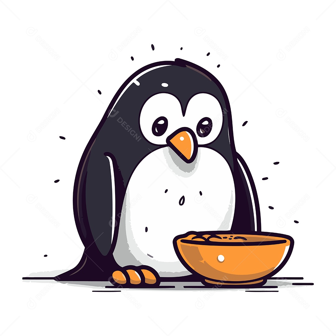 Pinguim Fofo com uma Tigela Ilustração Vetor EPS