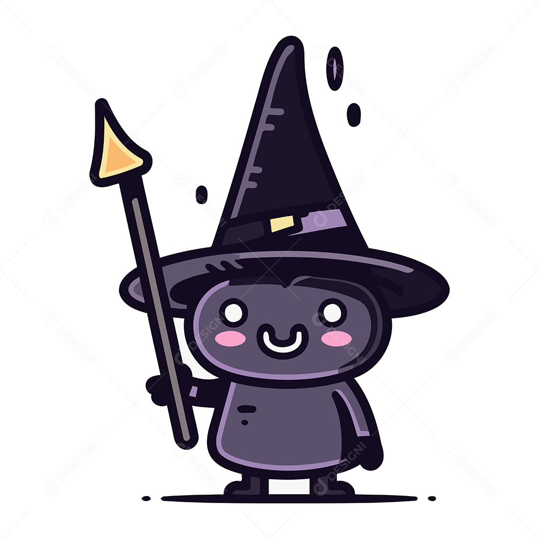 Bruxa Fofa de Desenho Animado com Varinha Mágica Ilustração Vetor EPS