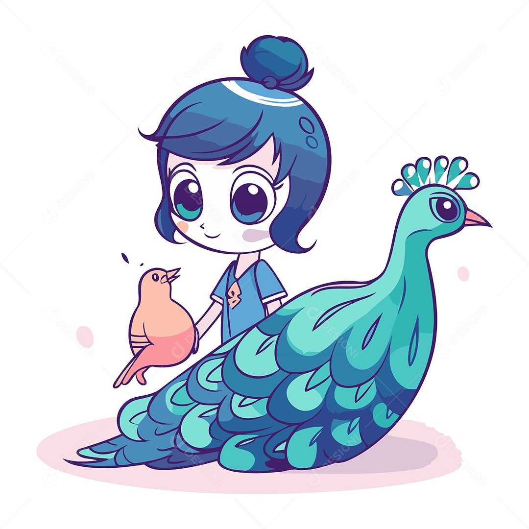 Menina Bonitinha Brincando com um Pavão Ilustração Vetor EPS