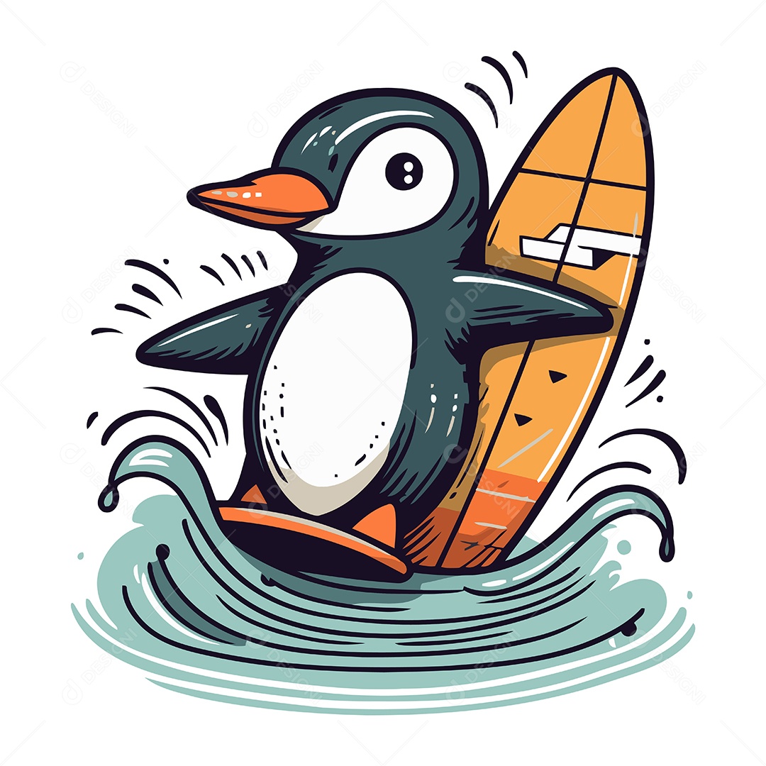 Pinguim com Prancha de Surfe Ilustração Vetor EPS