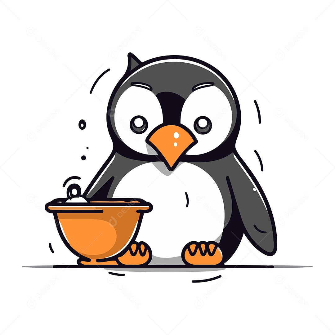Pinguim Fofo com uma Tigela Ilustração Vetor EPS