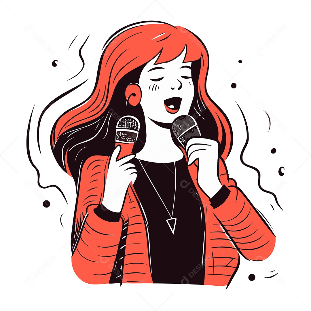 Menina Cantando Karaokê com Microfone Ilustração Vetor EPS
