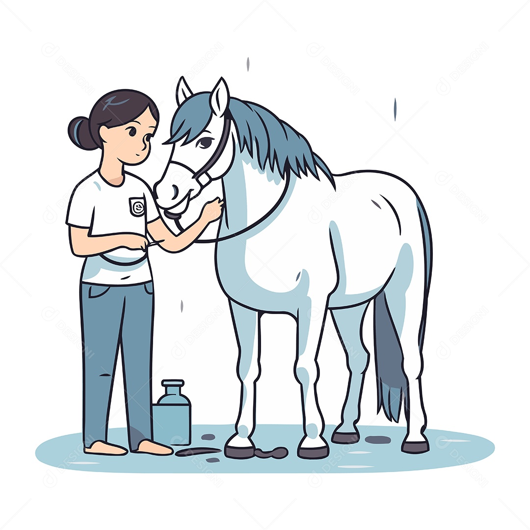 Menina e um Cavalo Branco Ilustração Vetor EPS