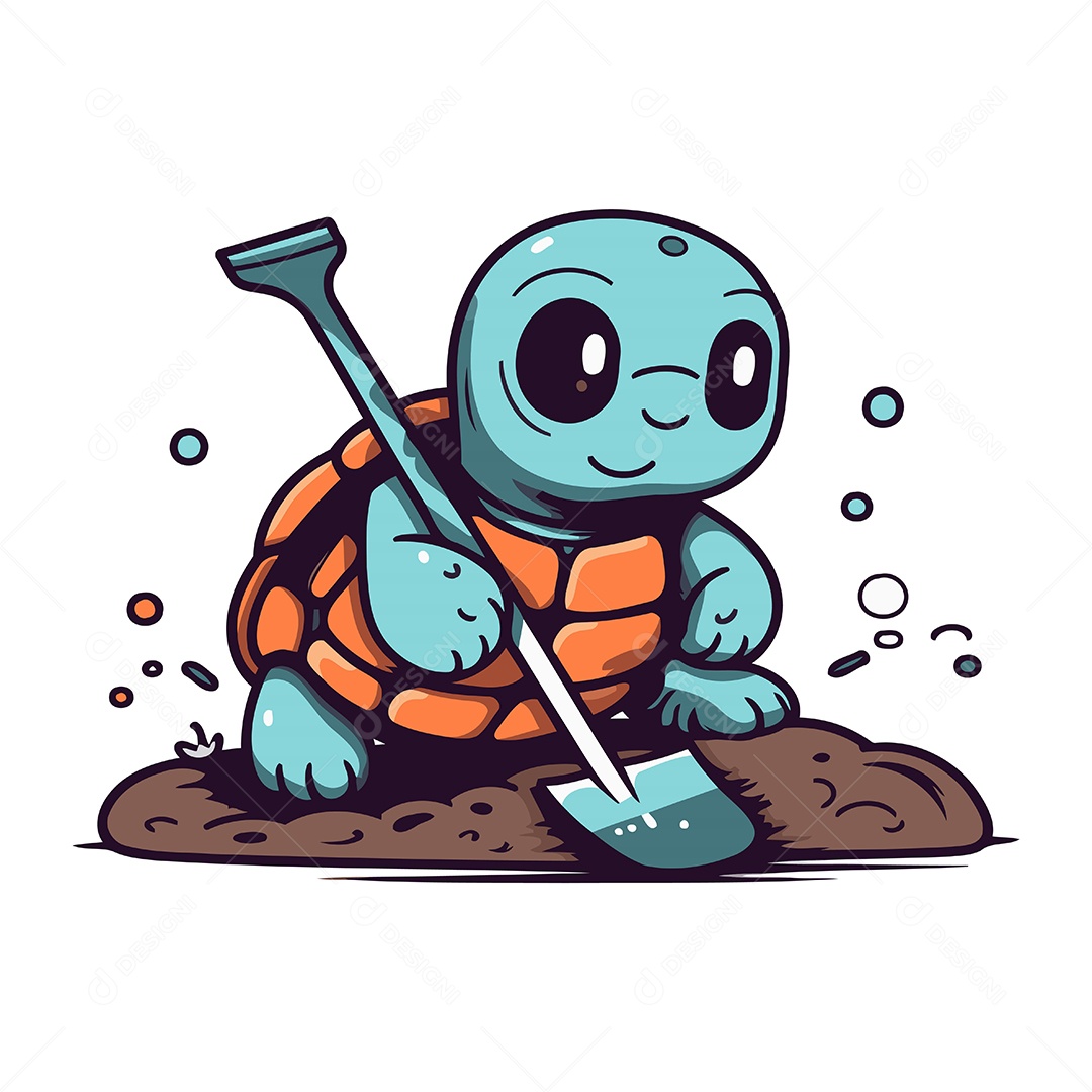 Tartaruga de Desenho Animado com uma Pá Ilustração Vetor EPS