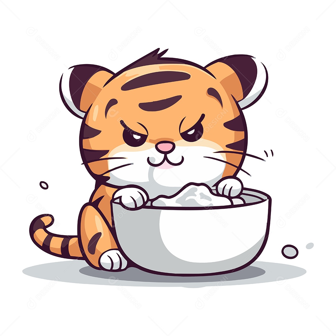 Tigre Fofo de Desenho Animado com Tigela Ilustração Vetor EPS