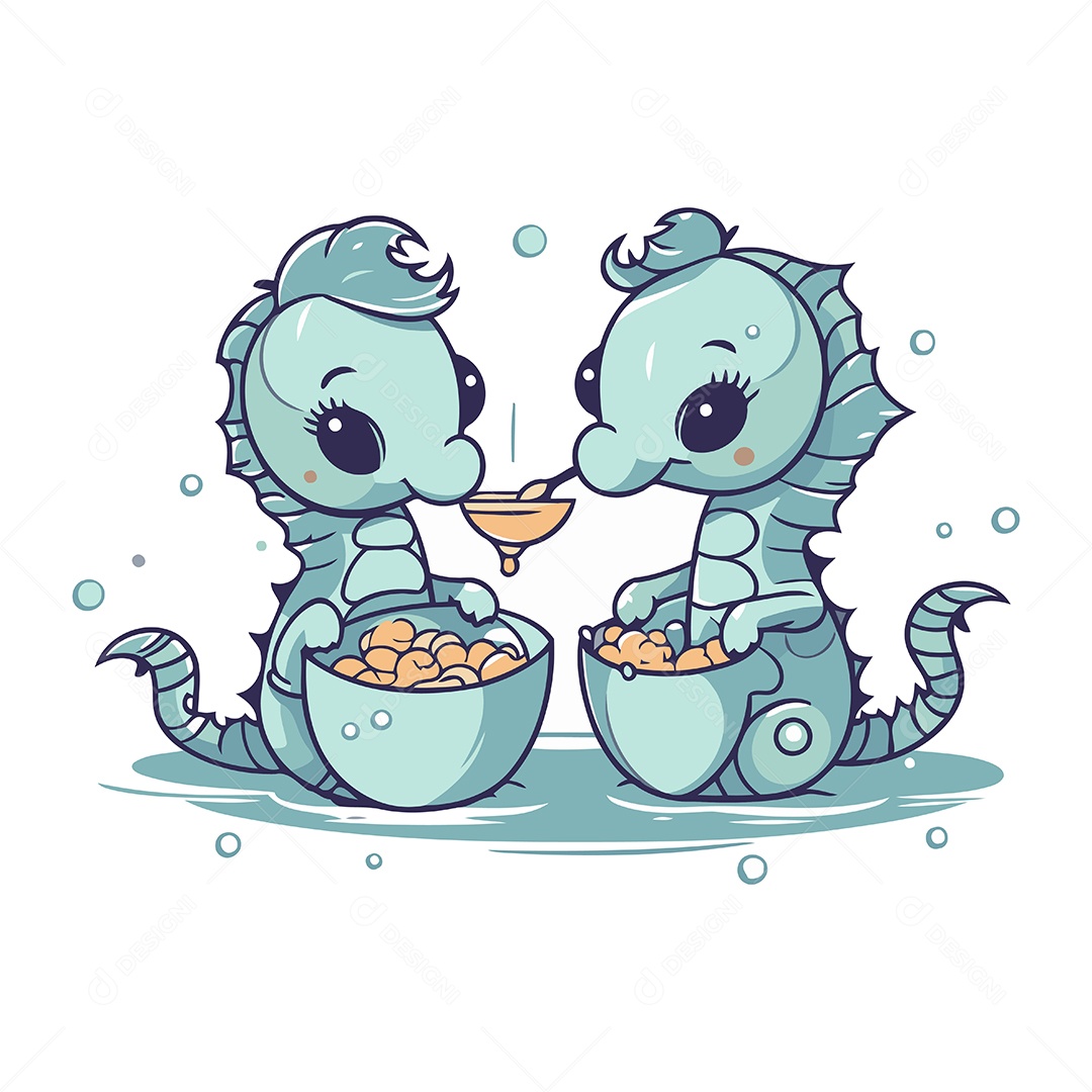 Cavalos Marinho de Desenho Animado com Tigelas Ilustração Vetor EPS