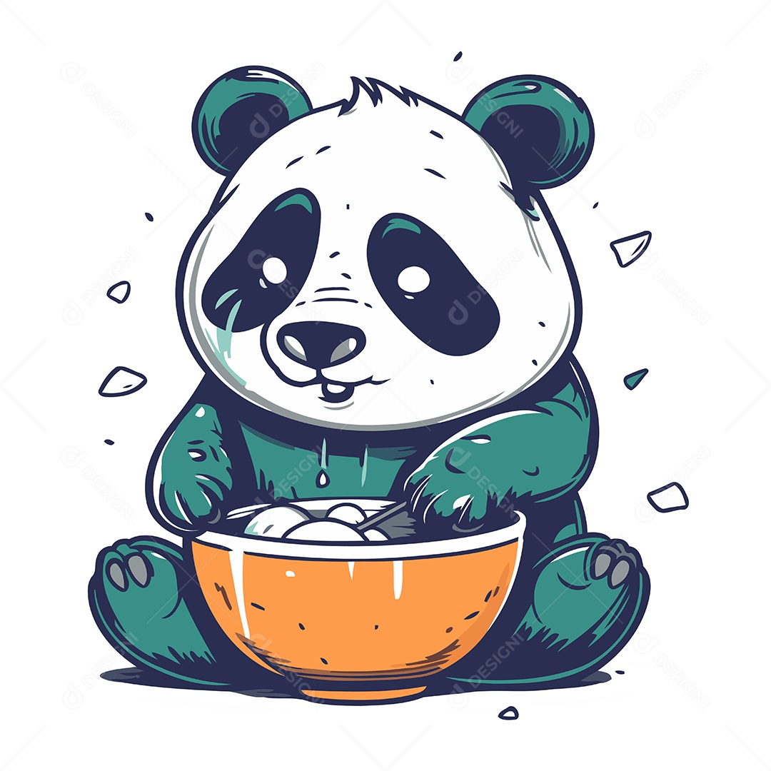 Panda Fofo Comendo em uma Tigela Ilustração Vetor EPS