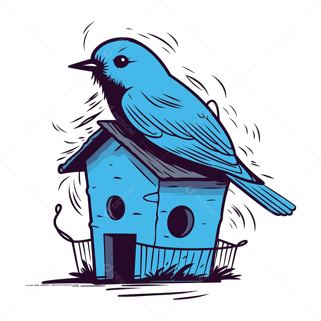 Pássaro Azul Pousado em uma Casinha Ilustração Vetor EPS