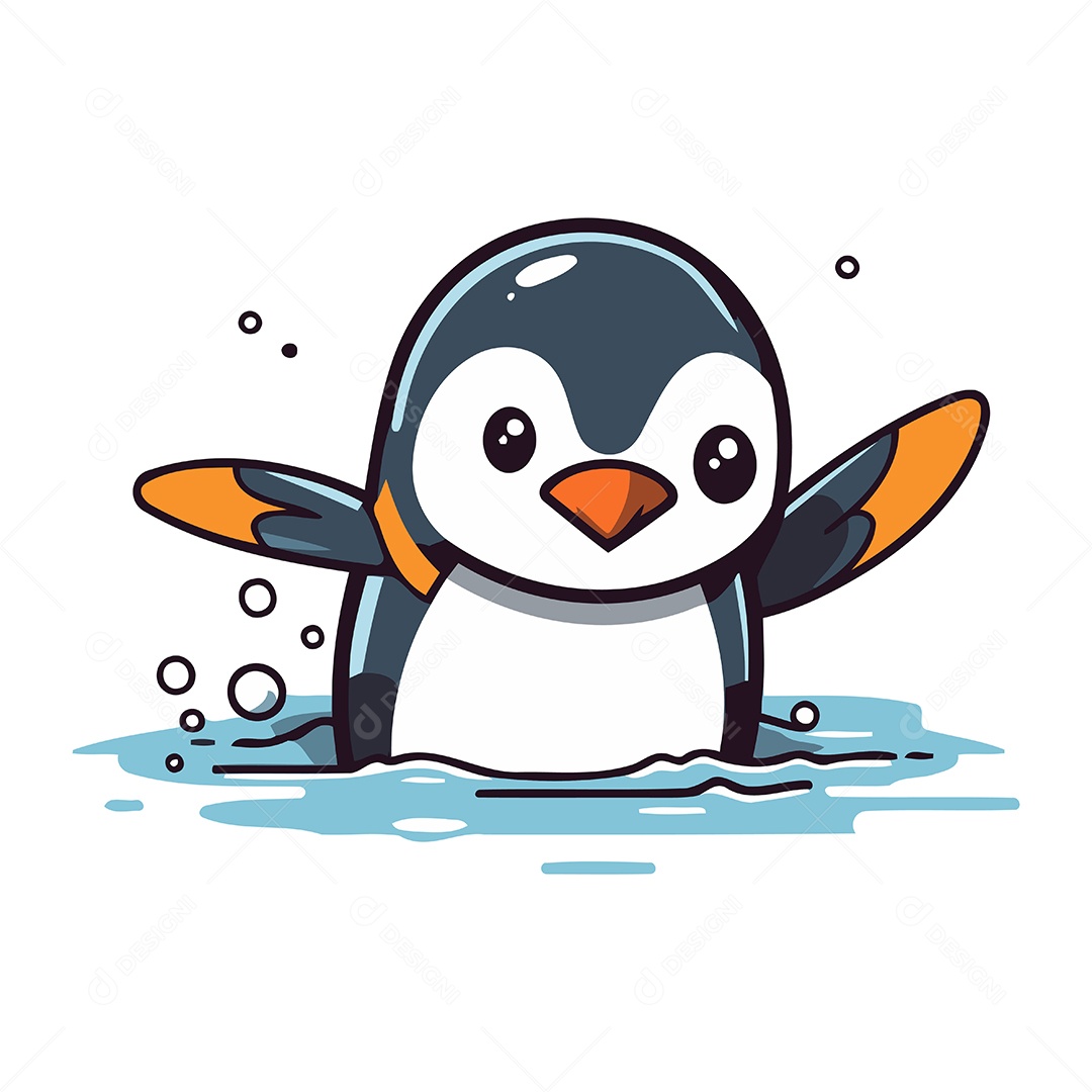 Pinguim Fofo Nadando na Água Ilustração Vetor EPS