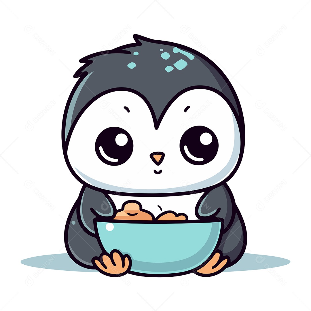 Pinguim Segurando uma Tigela de Comida Ilustração Vetor EPS