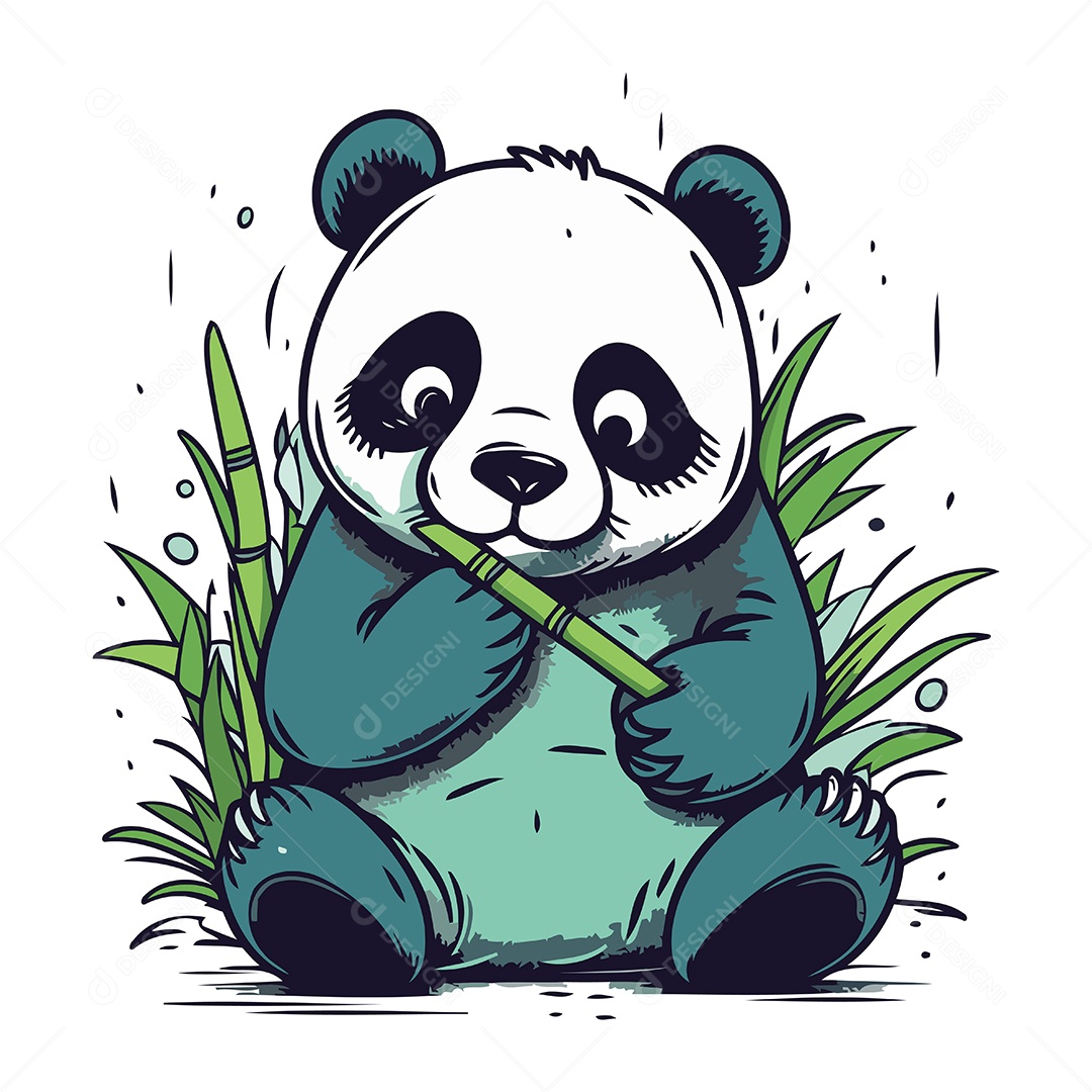 Panda Fofo Sentado Segurando um Pedaço de Bambu Ilustração Vetor EPS