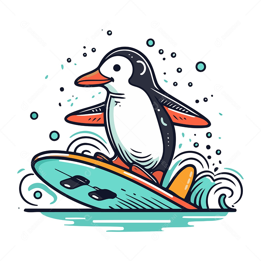 Pinguim Surfando em uma Prancha de Surfe Ilustração Vetor EPS