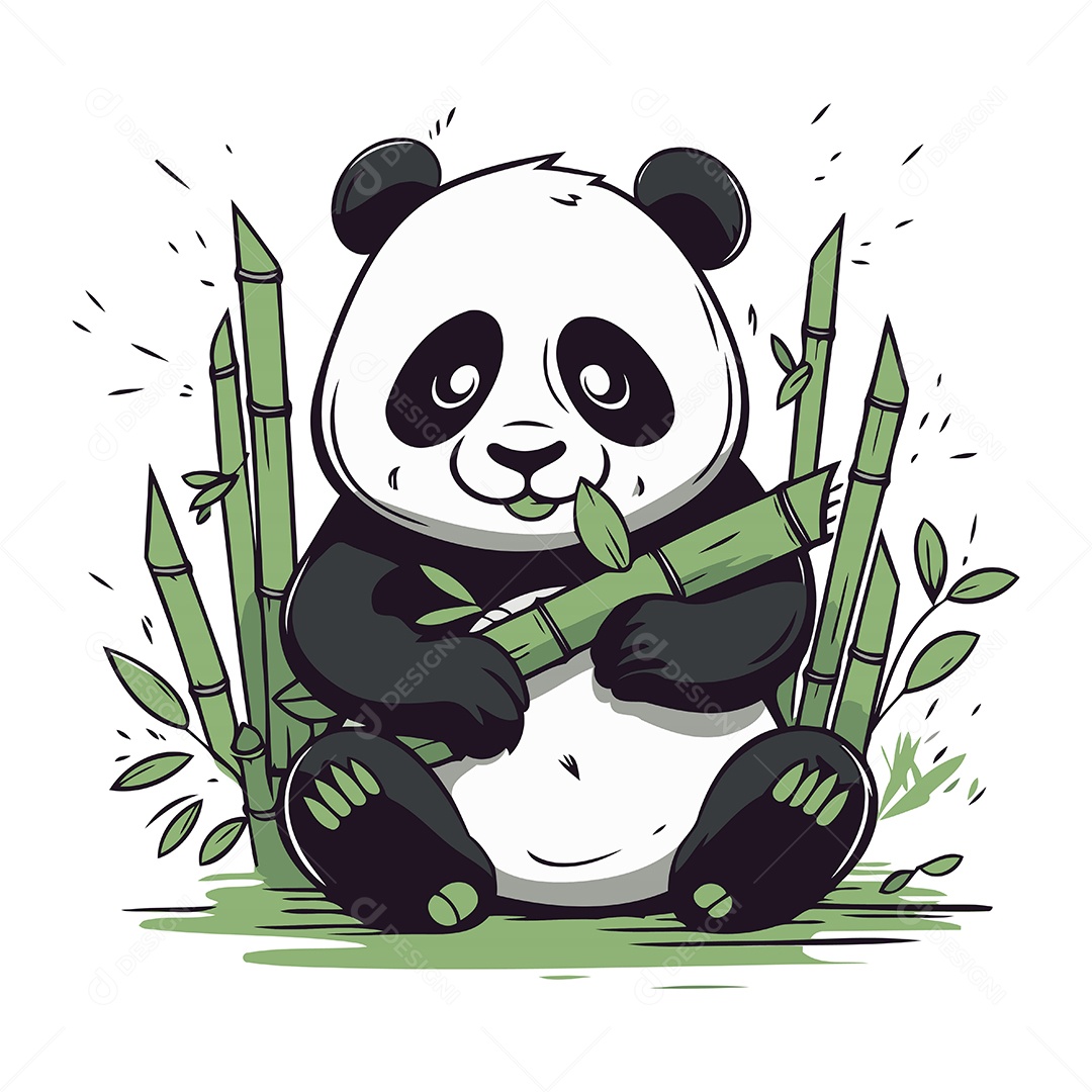 Panda Fofo de Desenho Animado com Bambu Ilustração Vetor EPS