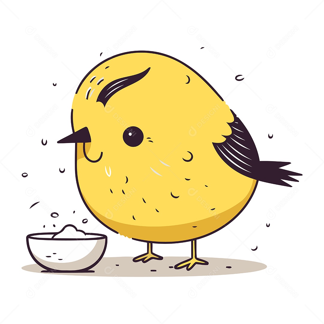 Pintinho Fofo de Desenho Animado com uma Tigela Ilustração Vetor EPS