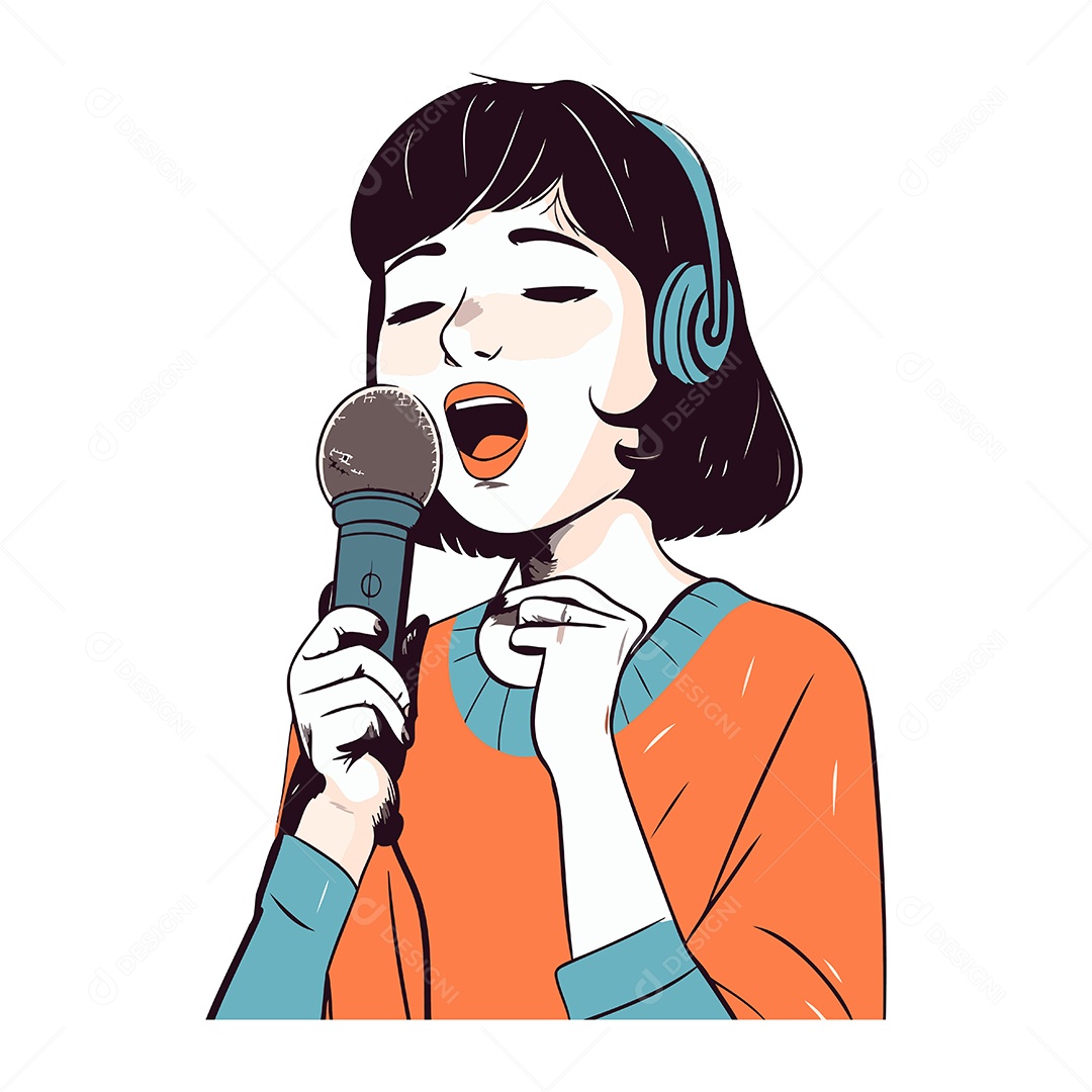 Garota Cantando Karaokê com Microfone Ilustração Vetor EPS