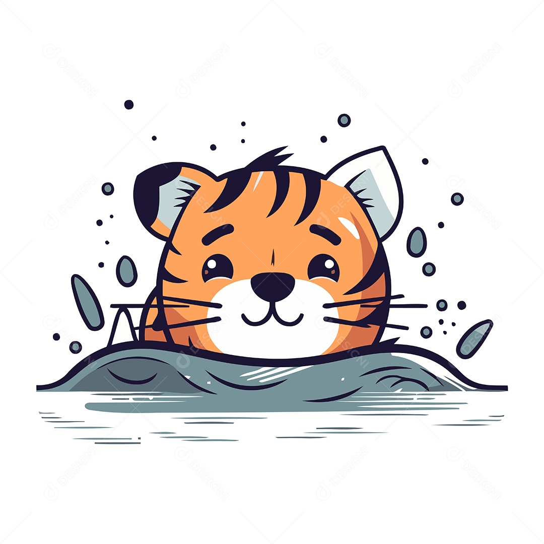 Tigre Fofo de Desenho Animado na Água Ilustração Vetor EPS