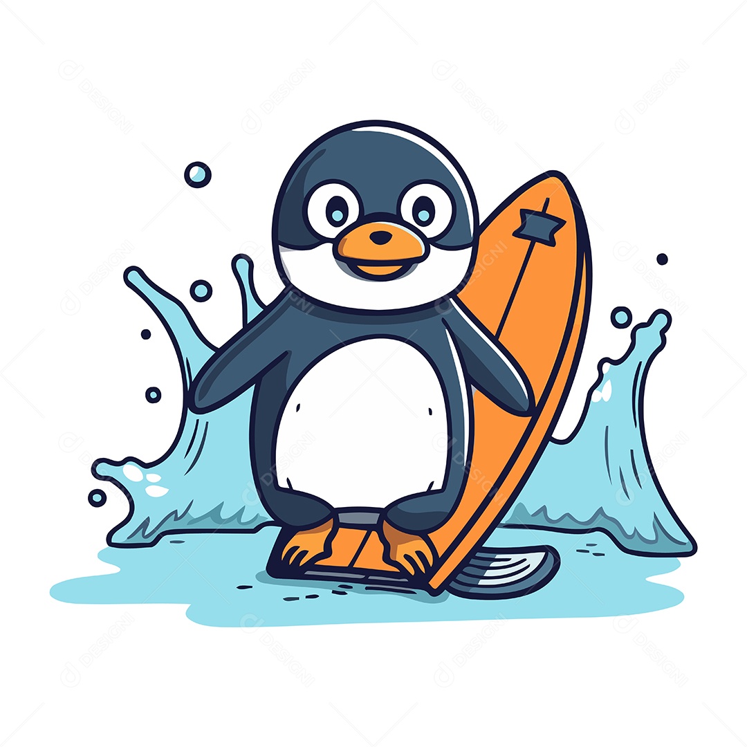 Pinguim Fofo com Prancha de Surfe Ilustração Vetor EPS