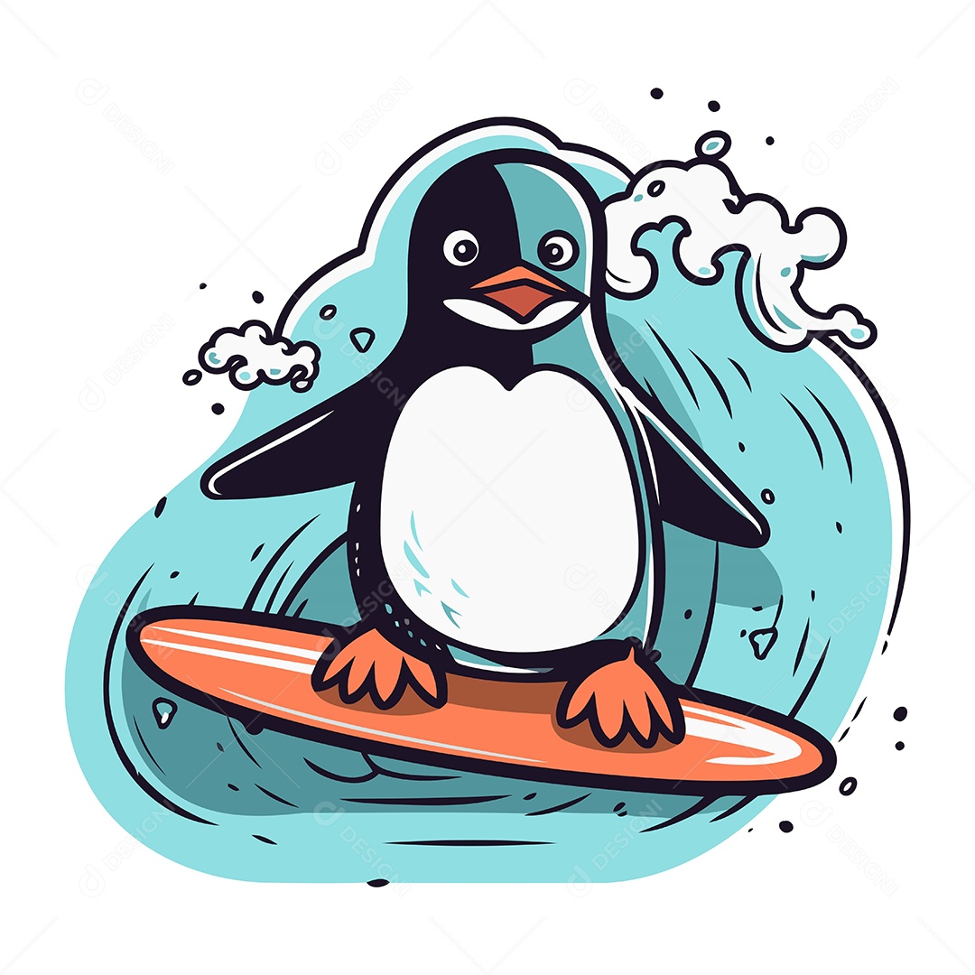 Pinguim em uma Prancha de Surfe Ilustração Vetor EPS