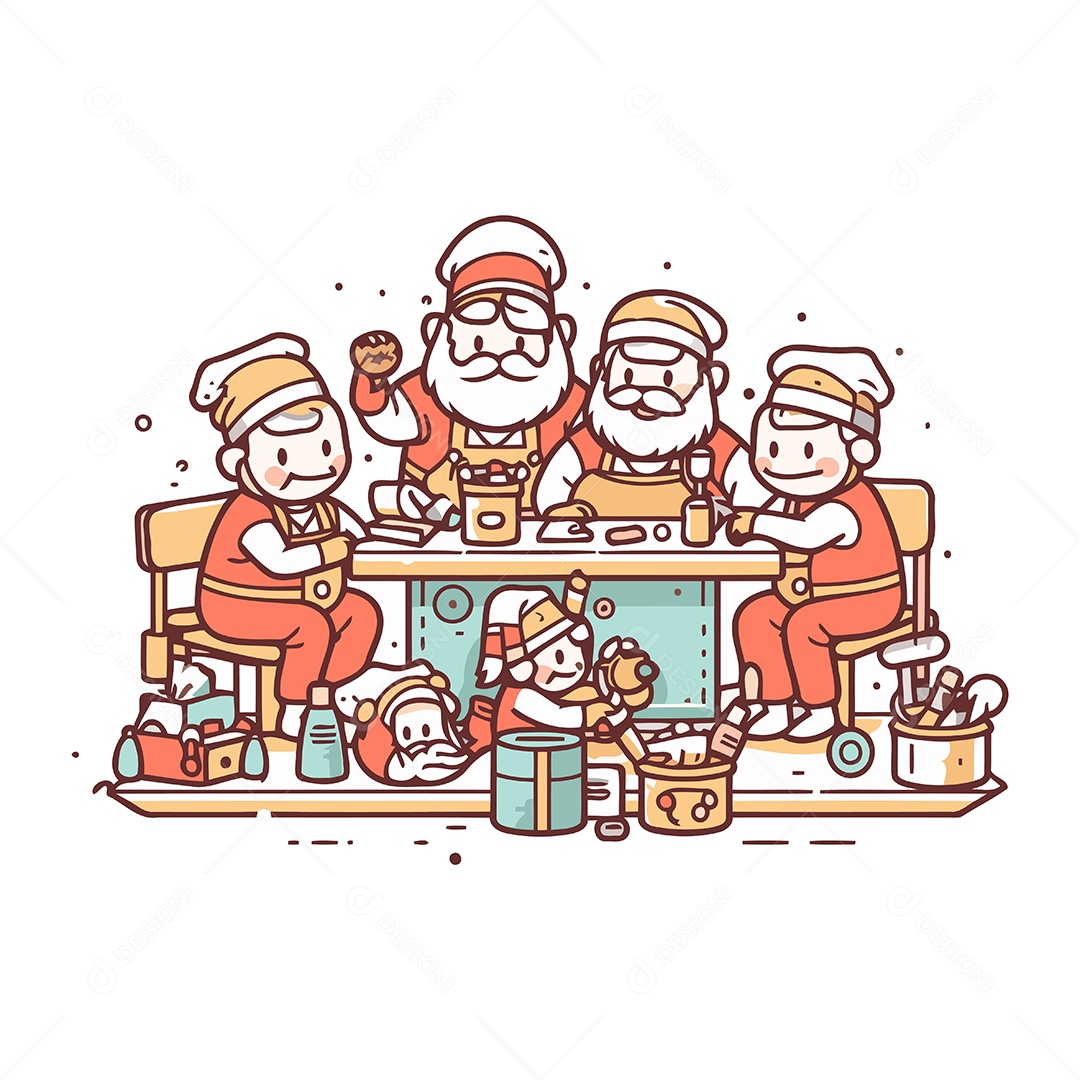 Papai Noel e seus Elfos em uma Oficina de Brinquedos Ilustração Vetor EPS