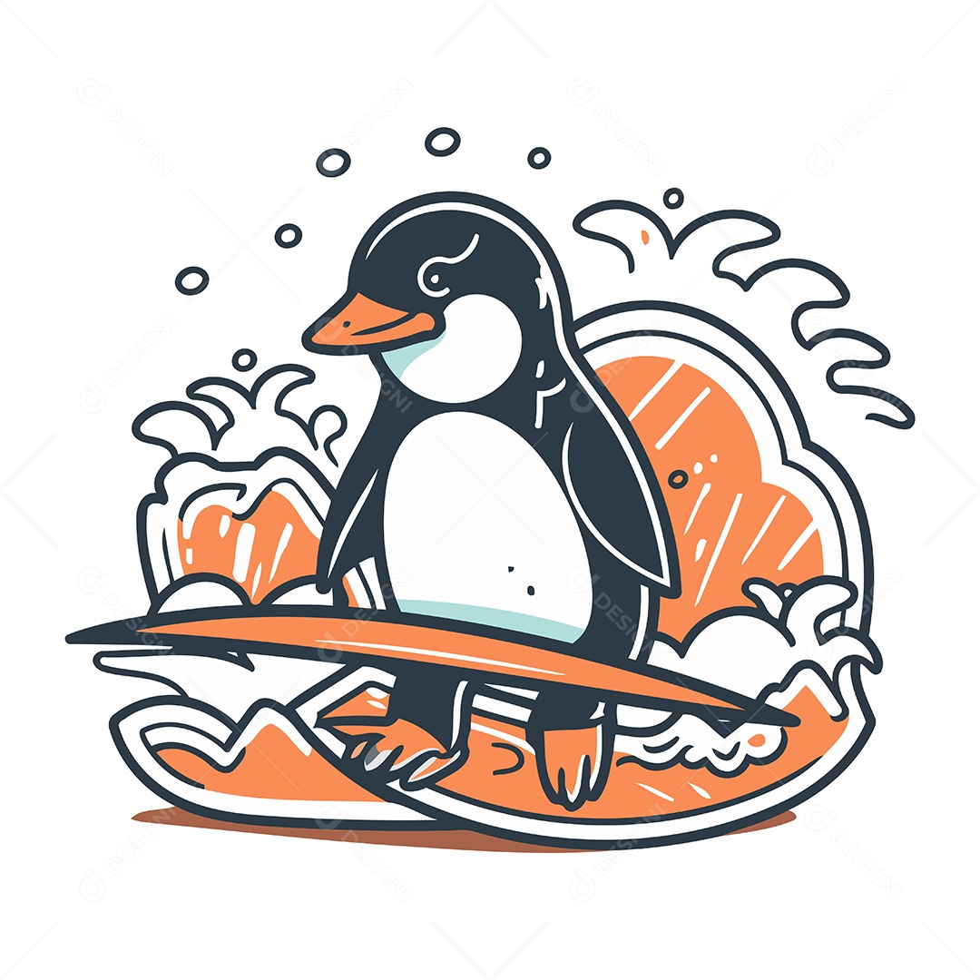 Pinguim Fofo com Prancha de Surfe Ilustração Vetor EPS