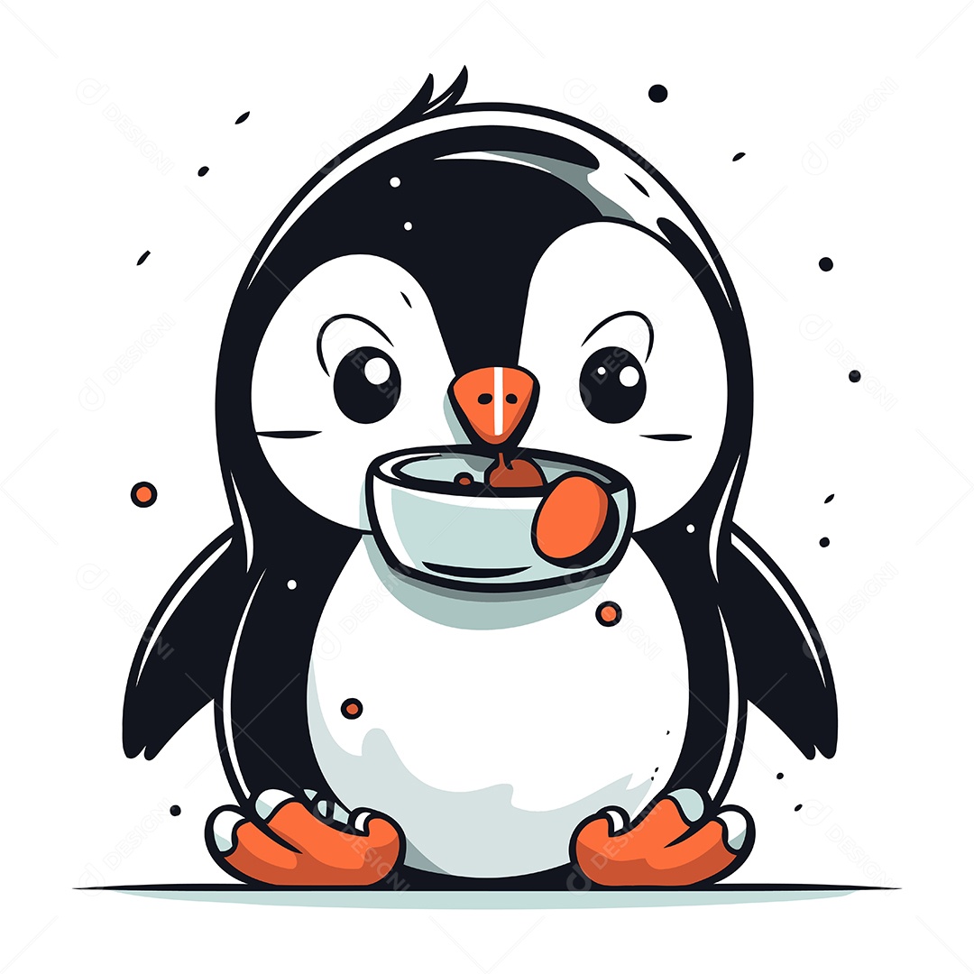 Pinguim Fofo com uma Tigela Ilustração Vetor EPS