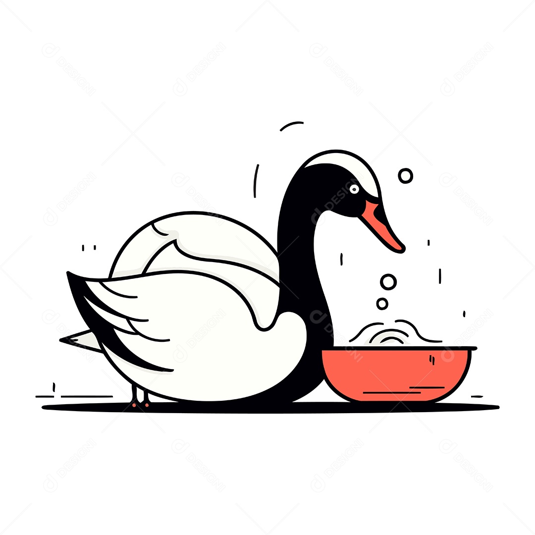 Cisne e uma Tigela de Comida Desenho Animado Ilustração Vetor EPS