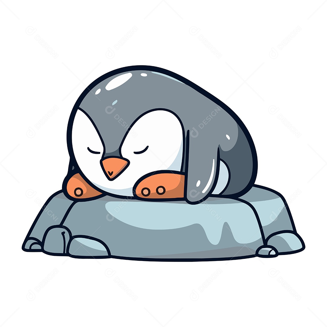 Pinguim Dormindo na Pedra de Desenho Animado Ilustração Vetor EPS