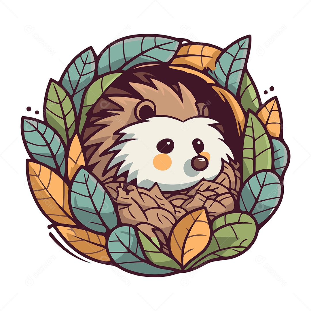 Ouriço Fofo no Ninho com Folhas Ilustração Vetor EPS