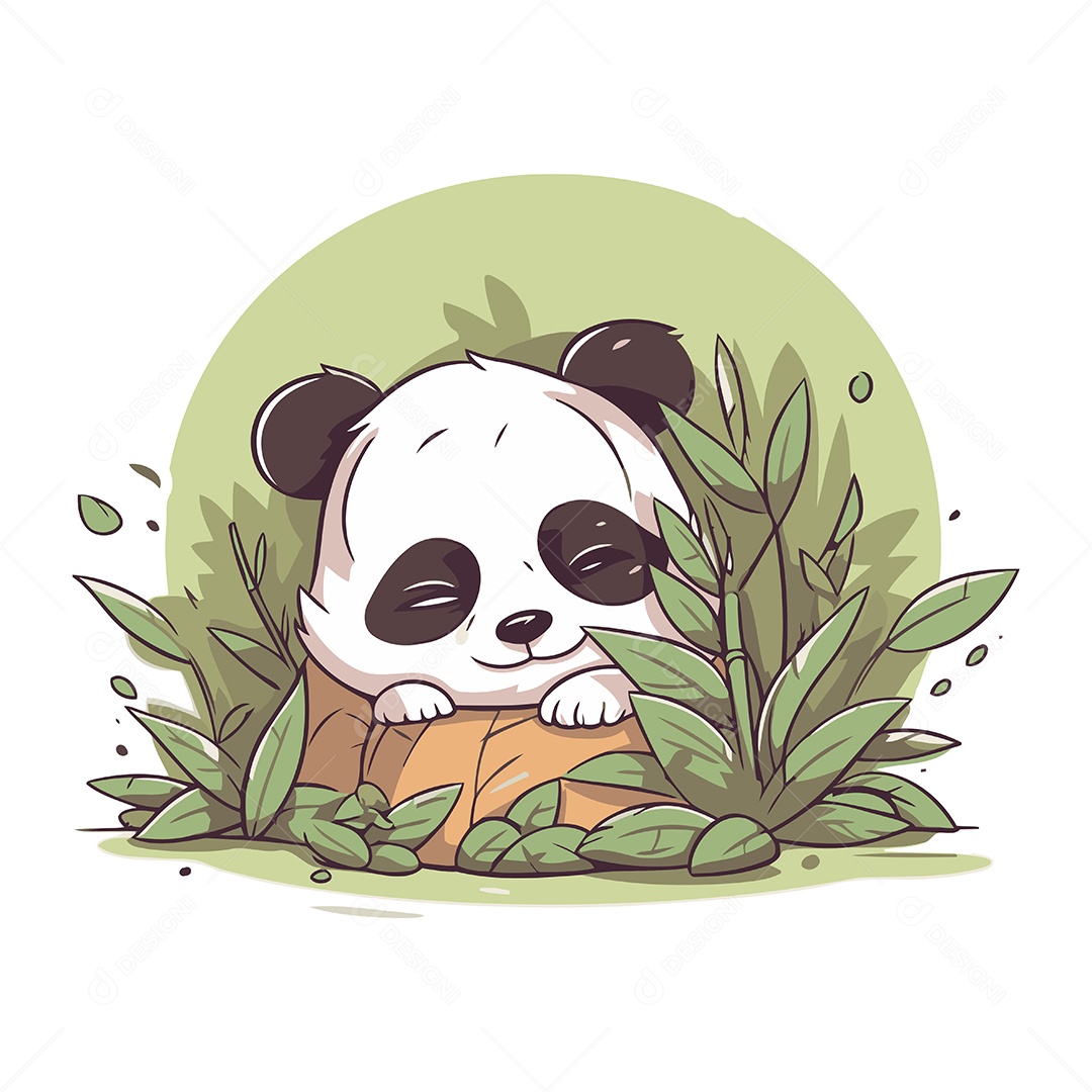 Urso Panda Fofo Sentado em uma Pedra na Selva Ilustração Vetor EPS