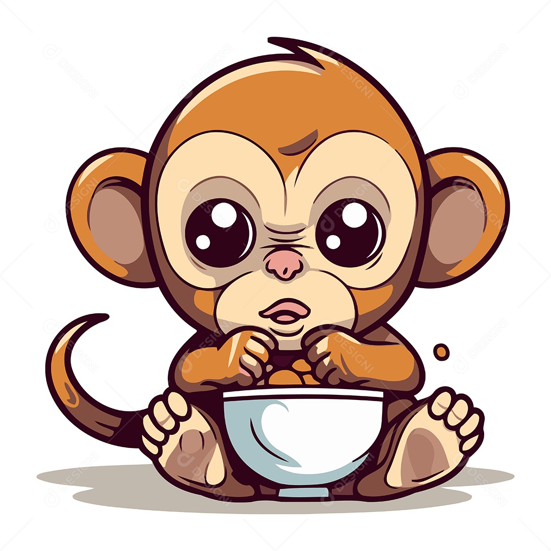 Macaco Fofo com uma Tigela de Comida Ilustração Vetor EPS