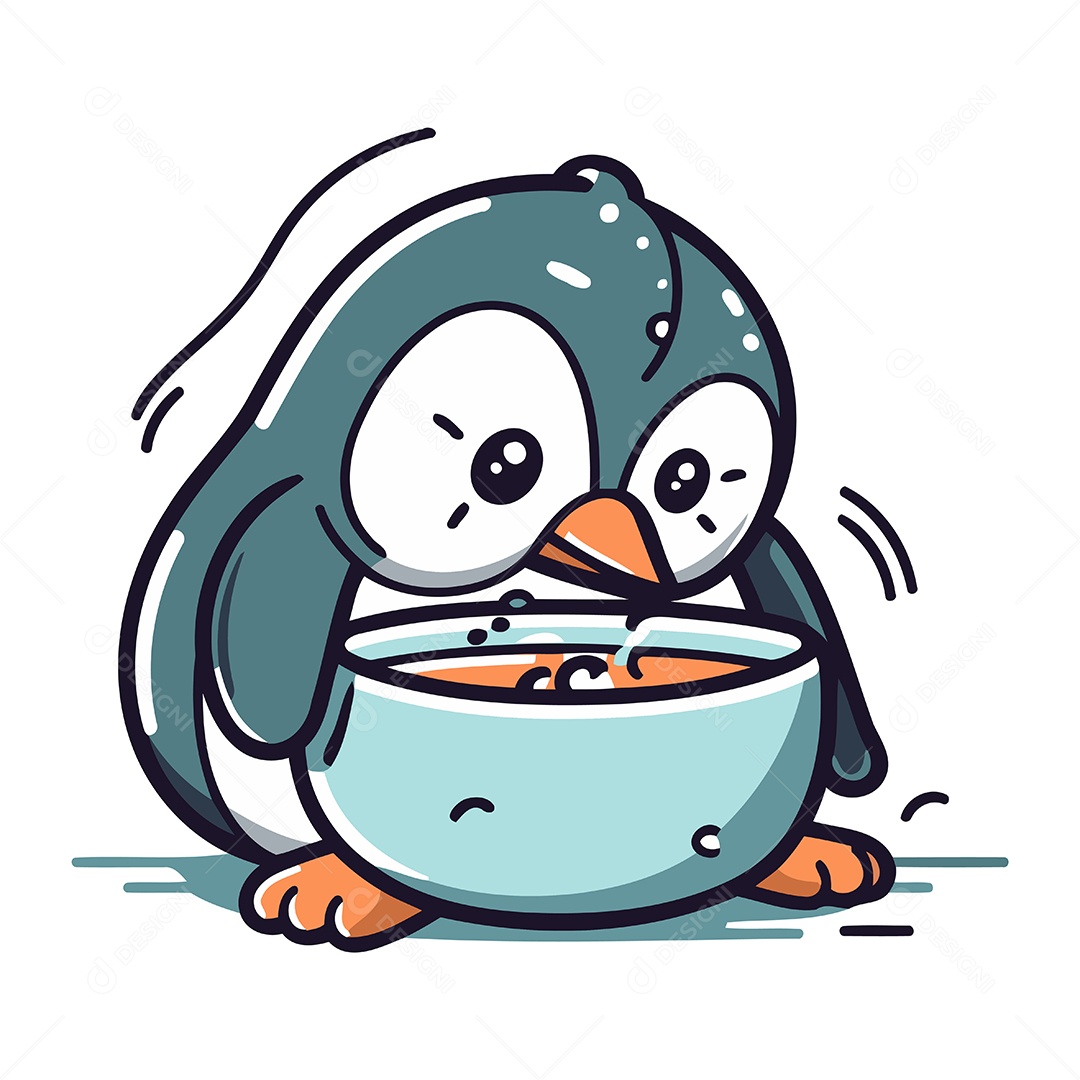 Pinguim Comendo em uma Tigela Ilustração Vetor EPS