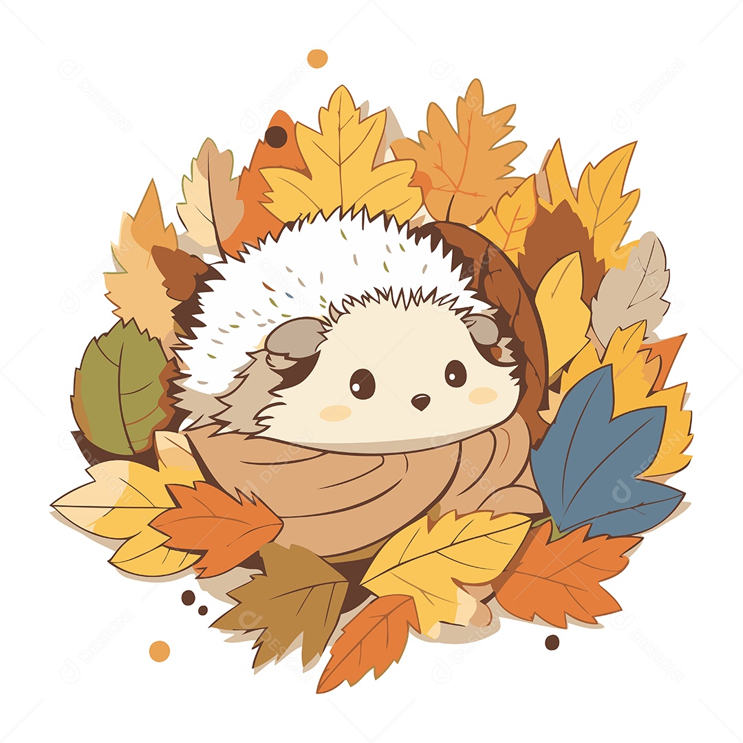 Ouriço Fofo em Folhas Ilustração Vetor EPS