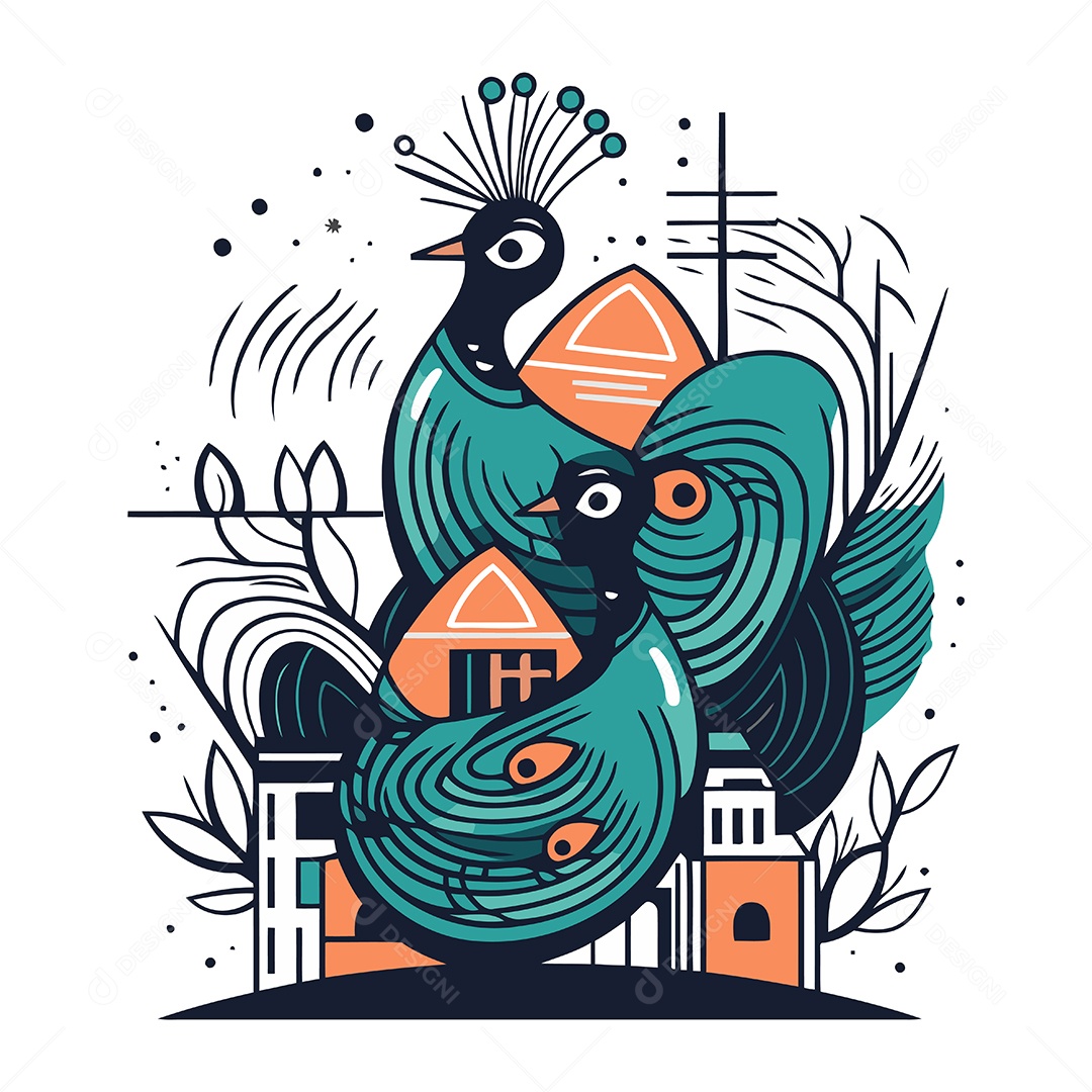 Pavões de Desenho Animado na Cidade Ilustração Vetor EPS